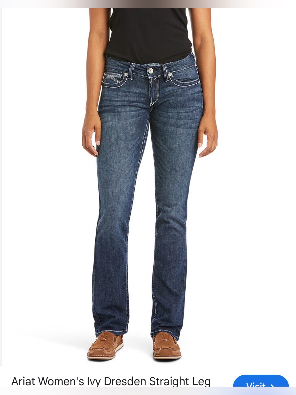 Ariat Mid Rise Dresden Ivy Straight Jeans In Dark Blue With White Stitching 30r